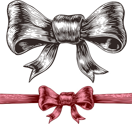 An engraving style drawing of a bow.