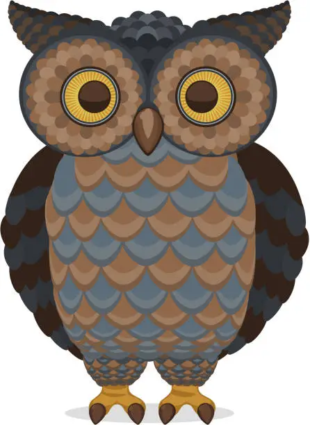 Vector illustration of Wise Intelligent Standing Owl Front view