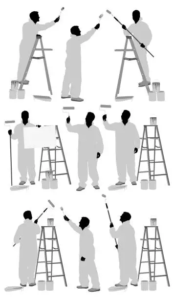 Vector illustration of Multiple images of painter painting a wall