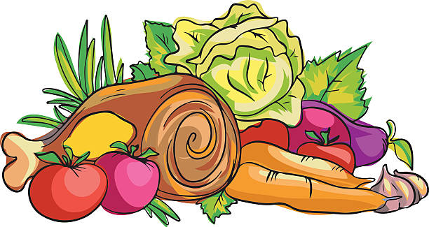 illustrations, cliparts, dessins animés et icônes de légumes et viande - gigot fond blanc
