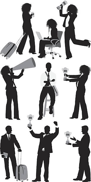 ilustrações de stock, clip art, desenhos animados e ícones de negócios pessoas - cheering men shouting silhouette