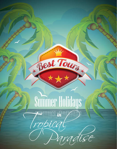 illustrations, cliparts, dessins animés et icônes de été vacances conception flyer avec des palmiers - summer exploration idyllic heaven