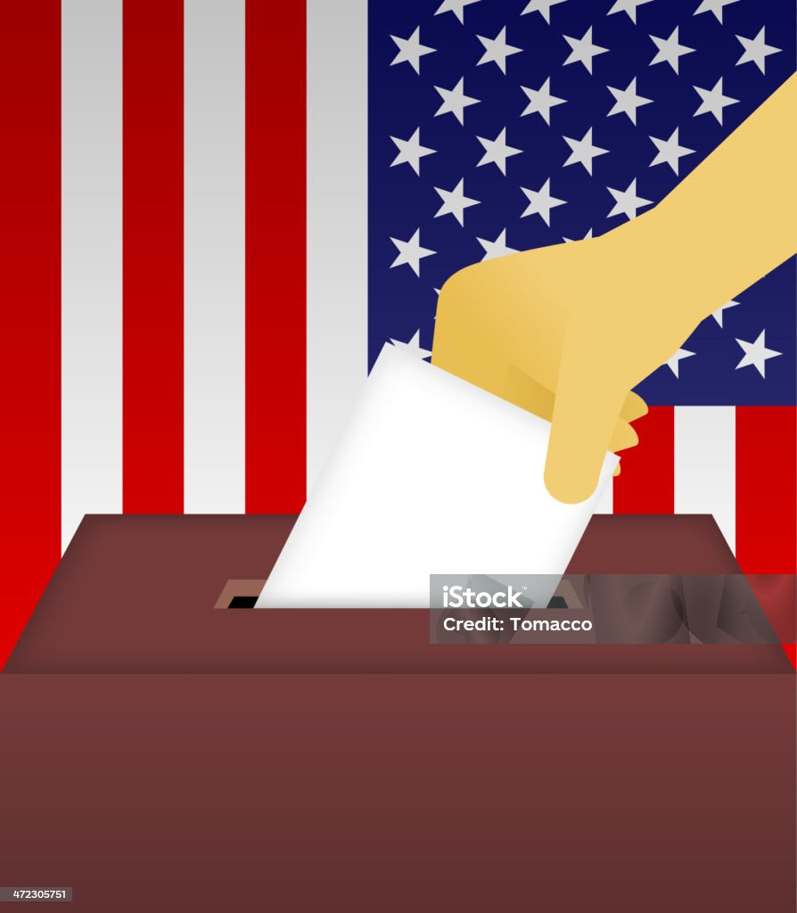 Votazione Urna elettorale con Mano umana e bandiera americana sfondo - arte vettoriale royalty-free di A forma di stella