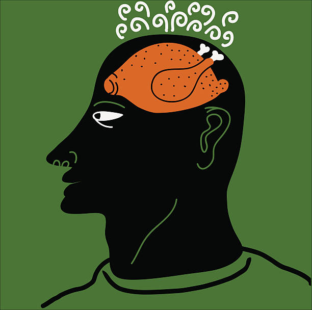 mann mit seinem kopf auf roosted huhn - brain thinking smoked ideas stock-grafiken, -clipart, -cartoons und -symbole