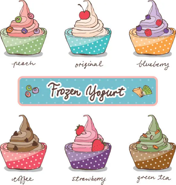 Vector illustration of Colorful sketch variation flavor frozen yogurt w toppings