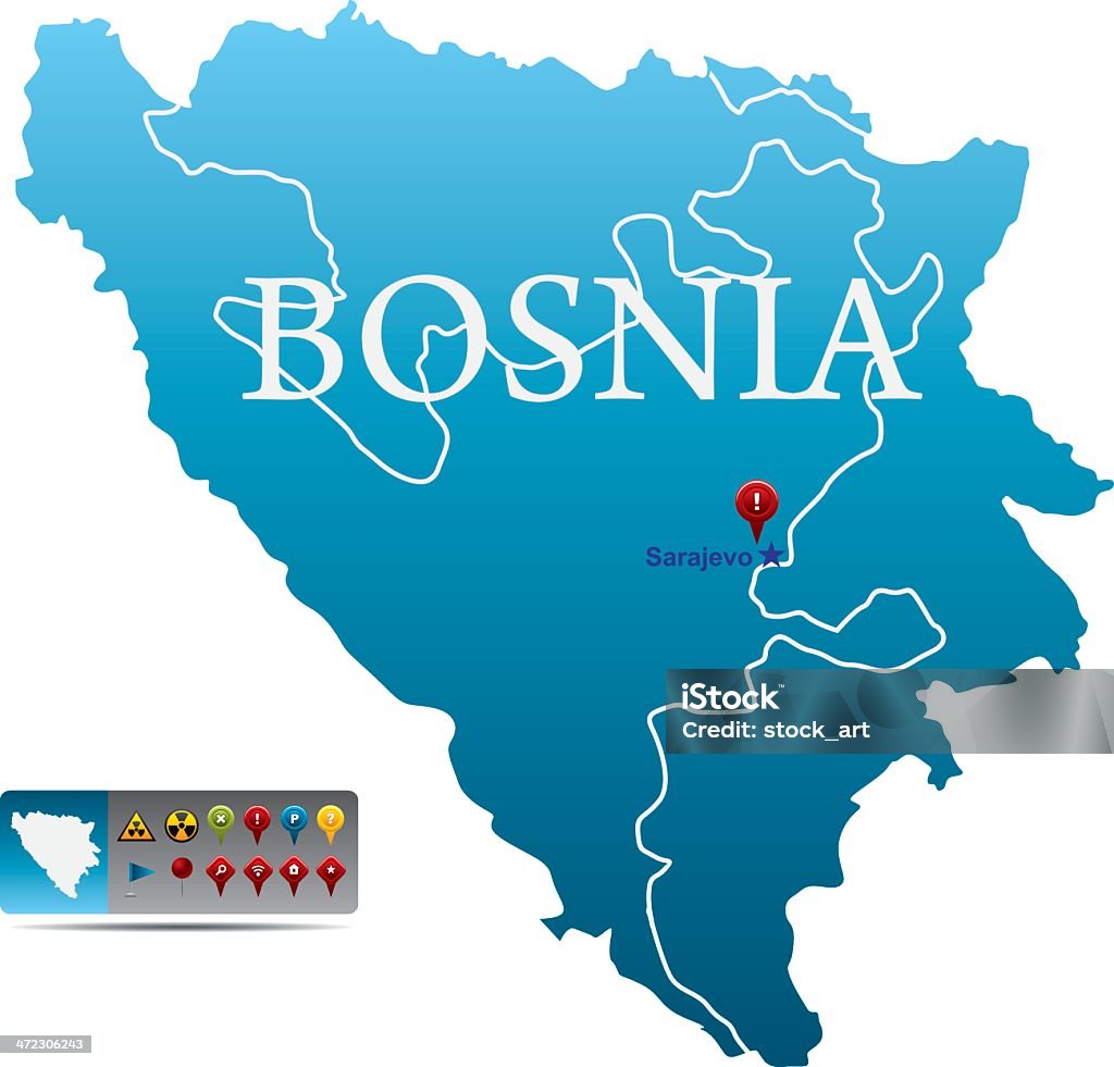 Bosnia con iconos de navegación Mapa - arte vectorial de Azul libre de derechos
