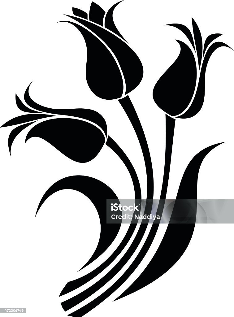 Black silhouettes of tulips. Vector illustration. Vector illustration of  black silhouettes of three tulips on a white background. Black And White stock vector