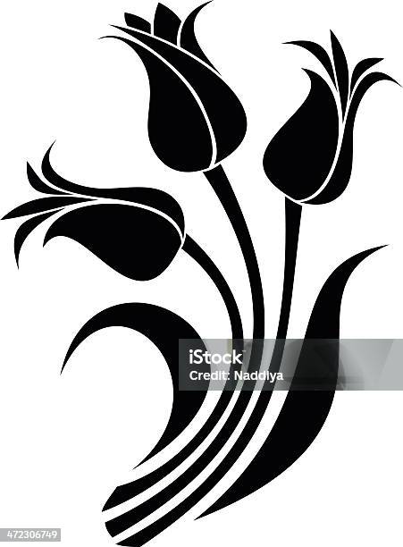 Black Silhouettes Of Tulips Vector Illustration Stock Illustration - Download Image Now - Black And White, Bouquet, Illustration