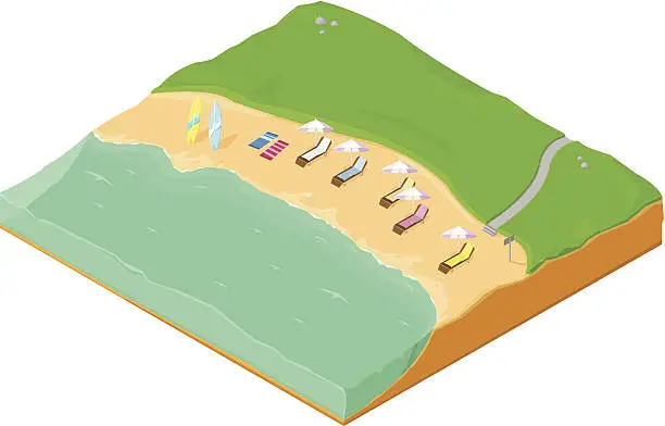 Vector illustration of Isometric Beach with Sun beds  and parasols