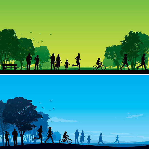 Park backgrounds Two park backgrounds with silhouetted people and trees. walking backgrounds stock illustrations