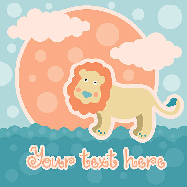 Baby background with lion and space for text Blue cartoon background with a lion and sun silhouette sky nobody cream coloured stock illustrations