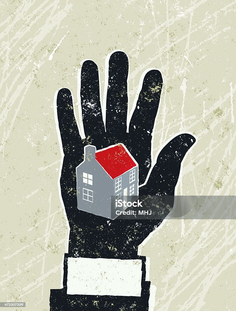 Business Man's Hand with a house on the palm Safe House! A stylized vector cartoon of a businessman holding Tiny House. Suggesting  - mortgages, foreclosure, safe house, home, home finance, or home security. Hand, house, paper texture and background are on different layers for easy editing. Please note: clipping paths have been used,  an eps version is included without the path. Giving stock vector