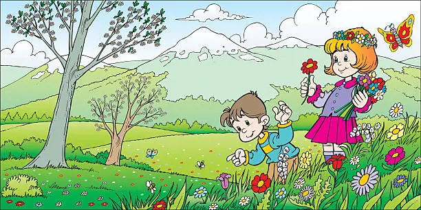 Vector illustration of Children in nature