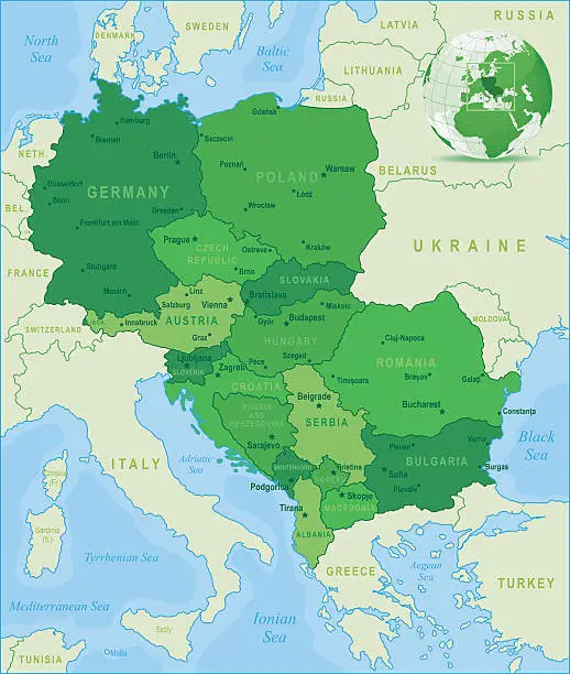 Vector illustration of Green Map of Central Europe - states and cities
