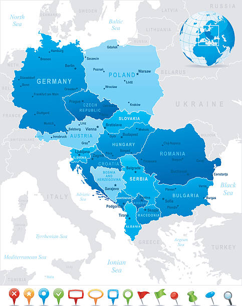 Map of Central Europe - states, cities and icons Highly detailed vector map of Central Europe with states, capitals and big cities. montenegro stock illustrations