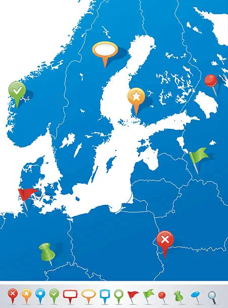 Vector illustration of Map of Baltic Sea Area with navigation icons