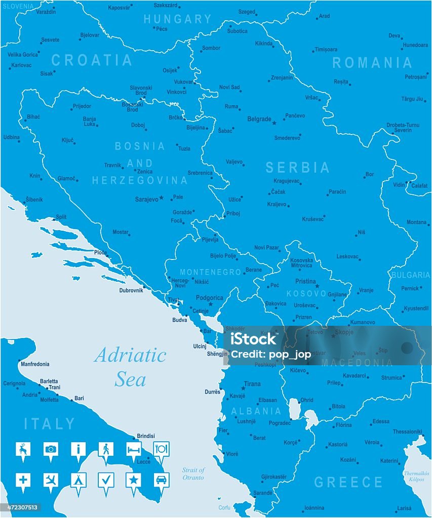 Mapa Central da região dos Balcãs-Membros, cidades, ícones de navegação - Royalty-free Mapa arte vetorial