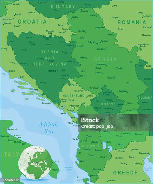 Verde De Mapa Central Da Região Dos Balcãsmembros E Cidades - Arte vetorial de stock e mais imagens de Kosovo