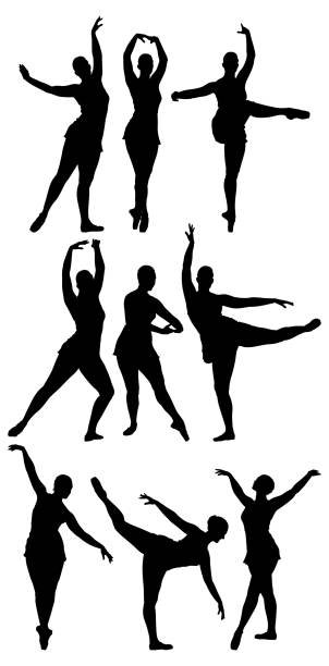 verschiedene silhouetten von einer ballett-tänzer tanzen - silhouette ballet arms outstretched gymnastics stock-grafiken, -clipart, -cartoons und -symbole