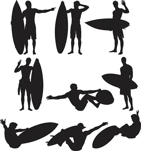 Vector illustration of Multiple silhouettes of surfers