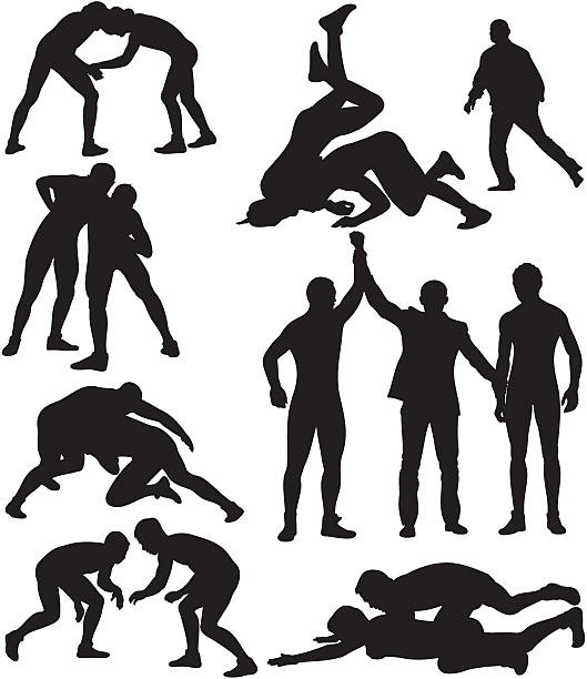 ilustraciones, imágenes clip art, dibujos animados e iconos de stock de siluetas de lucha - wrestling