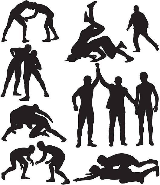illustrations, cliparts, dessins animés et icônes de silhouettes de lutte - wrestling