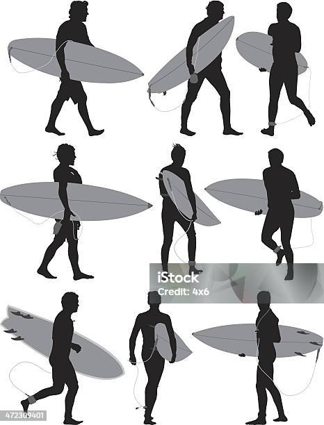 Più Silhouette Di Surfer E Tavola Da Surf - Immagini vettoriali stock e altre immagini di Sagoma - Controluce - Sagoma - Controluce, Surf, Muta da sub