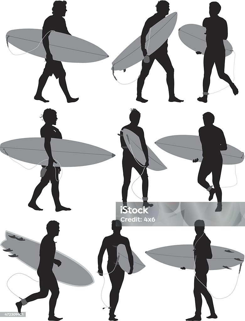 Várias silhuetas de surfistas com prancha - Vetor de Silhueta royalty-free