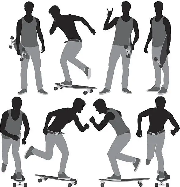 Vector illustration of Multiple image of a man with long board