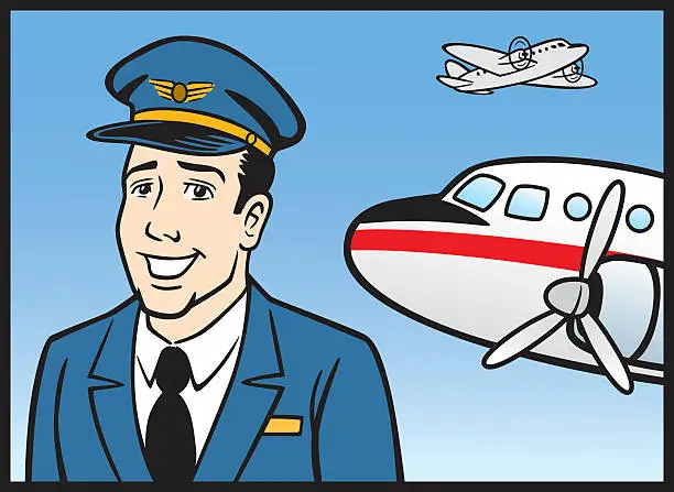 Vector illustration of Comic Airline Pilot With Plane