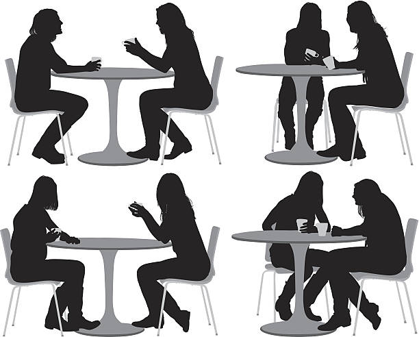 illustrazioni stock, clip art, cartoni animati e icone di tendenza di femmina amici seduto a tavolino - tavolino