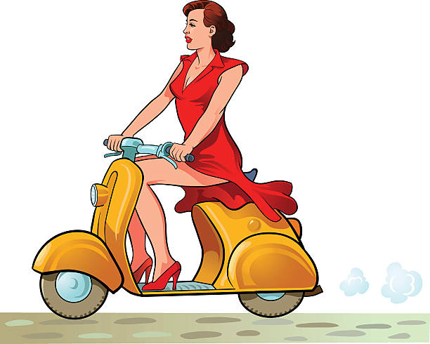 istock Woman in Red Dress Riding Motor Scooter 472309953