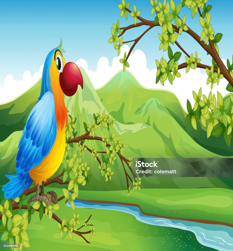 Uccello colorato vicino alla montagna - arte vettoriale royalty-free di Ala di animale