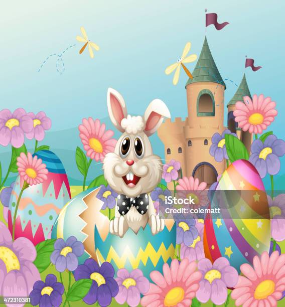 Coniglietto Di Pasqua Nel Giardino Vicino Castle - Immagini vettoriali stock e altre immagini di Animale - Animale, Blu, Clip art