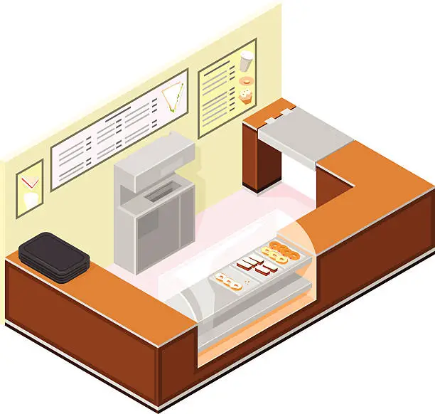 Vector illustration of Isometric Coffee and cake shop counter