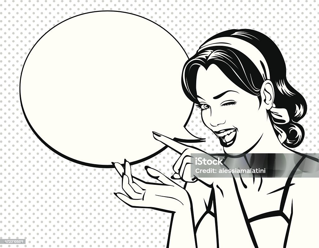 Vintage_winking_woman Beautiful pin up winking to suggest a good deal or a bargain. The balloon is a copy space for commercial purpose. The black and white vector image grants a high visibility and definition of the subject Retro Style stock vector