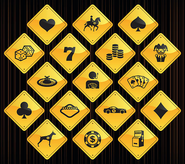 Yellow Road Signs - Gambling 17 road sign icons representing different bowling related symbols. Vegas Sign stock illustrations