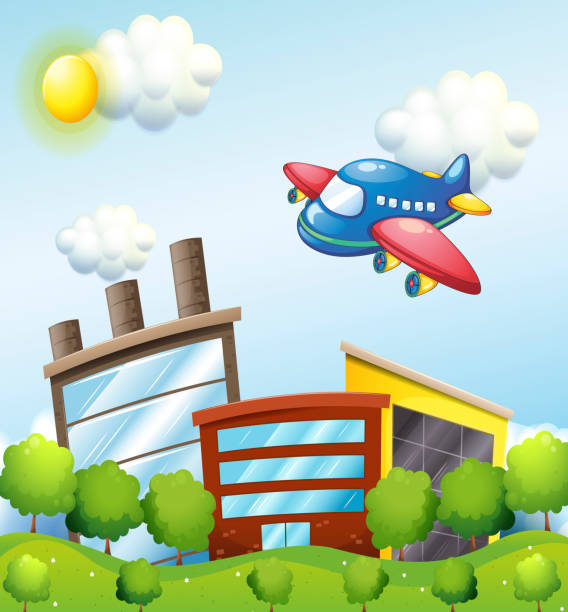 ilustrações, clipart, desenhos animados e ícones de blue avião acima dos prédios altos - flowerbed aerial