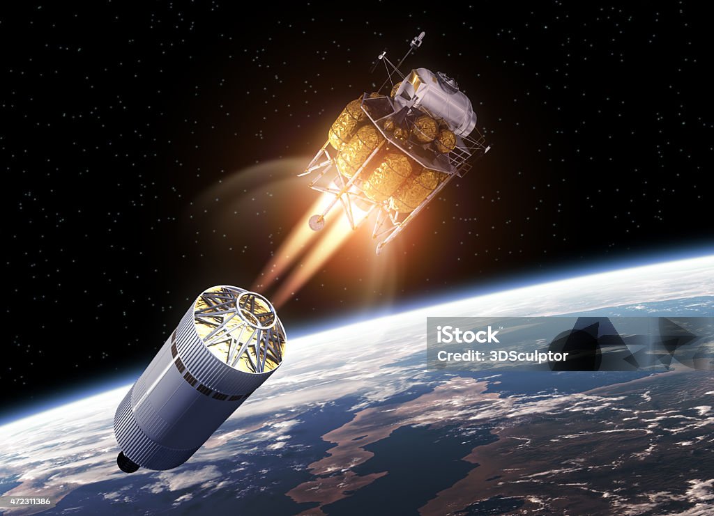 Crew exploration vehicle launching into space Crew Exploration Vehicle In Space. 3D Scene. Taking Off - Activity Stock Photo