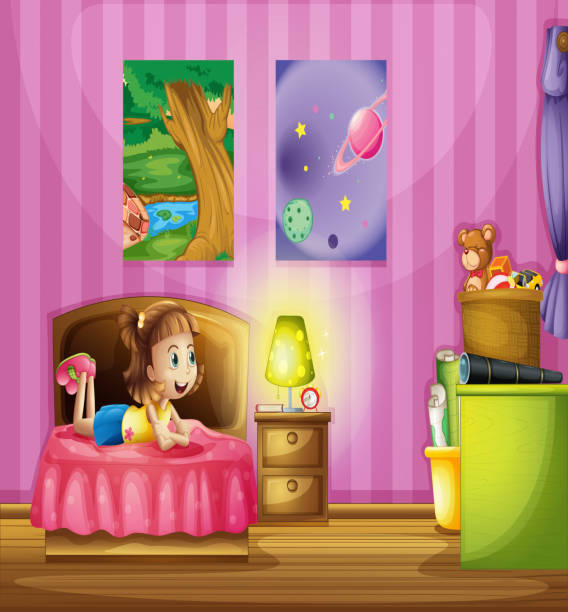 ilustrações, clipart, desenhos animados e ícones de menina no seu quarto colorido - computer graphic multi colored little girls teenage girls