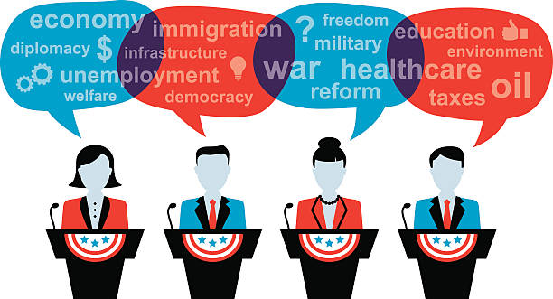 Four Politicians Debating Four political opponents debating current issues onstage.  gop debate stock illustrations