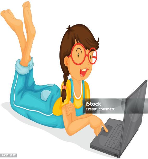 Girl And Laptop Stock Illustration - Download Image Now - Blond Hair, Child, Computer