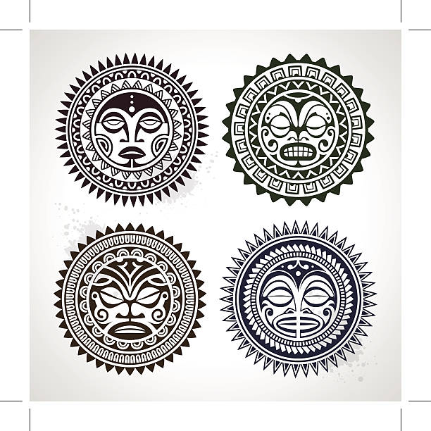 Polynesian tattoo styled masks Set of polynesian tattoo styled masks. Vector illustration. totem pole face stock illustrations