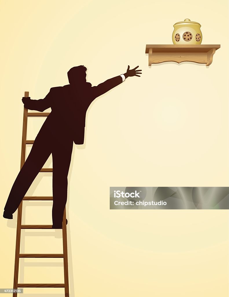 A man standing on a ladder trying to reach a cookie jar Business person on a ladder reaching to steal a cookie from the cookie jar.  Files included – jpg, ai (version 8 and CS3), svg, and eps (version 8) Ladder stock vector