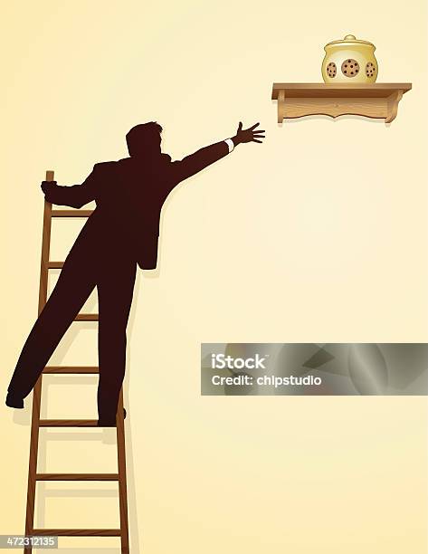 A Man Standing On A Ladder Trying To Reach A Cookie Jar Stock Illustration - Download Image Now