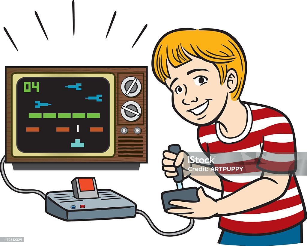 Criança jogando vídeo Game Vintage - Vetor de 1980-1989 royalty-free