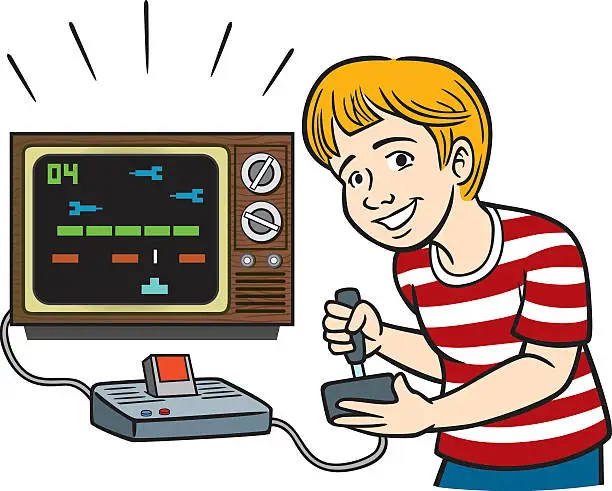 Vector illustration of Kid Playing Vintage Video Game