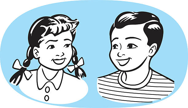 Vintage Kids Great illustration of two kids done in a vintage style. Perfect for a childhood or school illustration. EPS and JPEG files included. Be sure to view my other illustrations, thanks! 50s style boy and girl stock illustrations