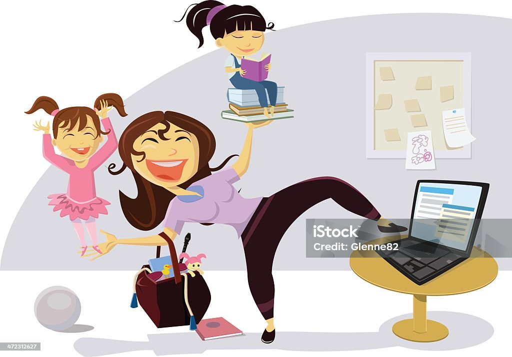 Busy Mom Multi-tasking One busy mom, juggling family, extracurricular activities and work all in one smooth movement. Mom, you're the greatest! Mother stock vector