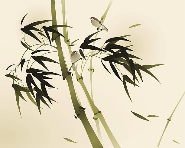 오리엔탈 스타일 페인팅, 대나무 지점 - bamboo shoot leaf bamboo green stock illustrations